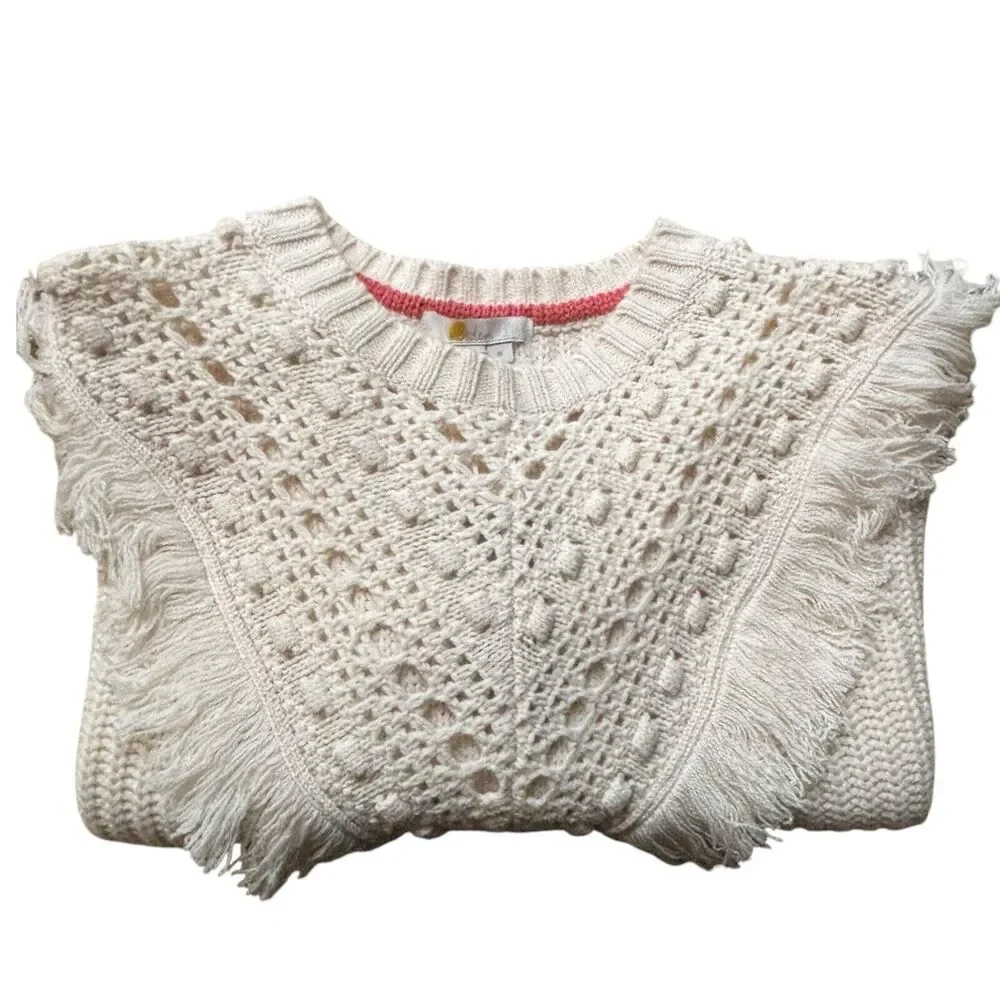 Boden Women's M Cream Wool Blend Chunky Knit Fringe Crochet Sweater NWT